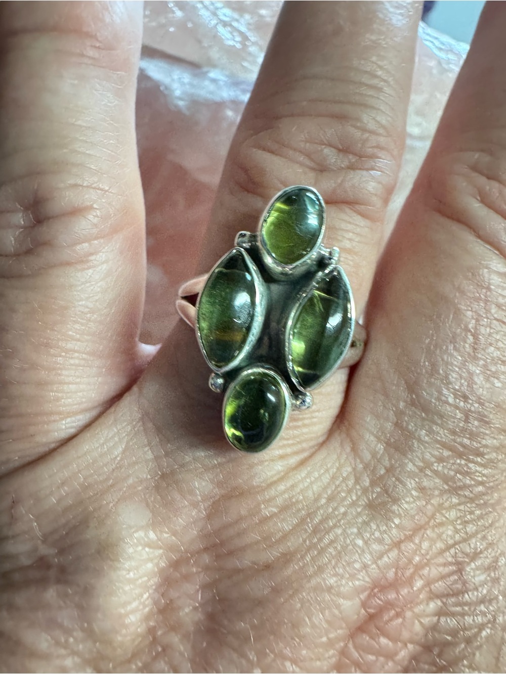 Peridot Sterling Silver Diamond Shape Cluster Gemstone Ring - Size 9